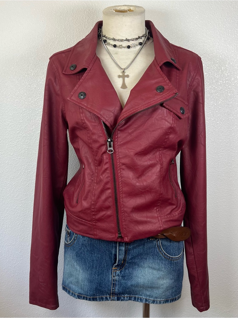Stylish Burgundy Faux Leather Moto Jacket - Women